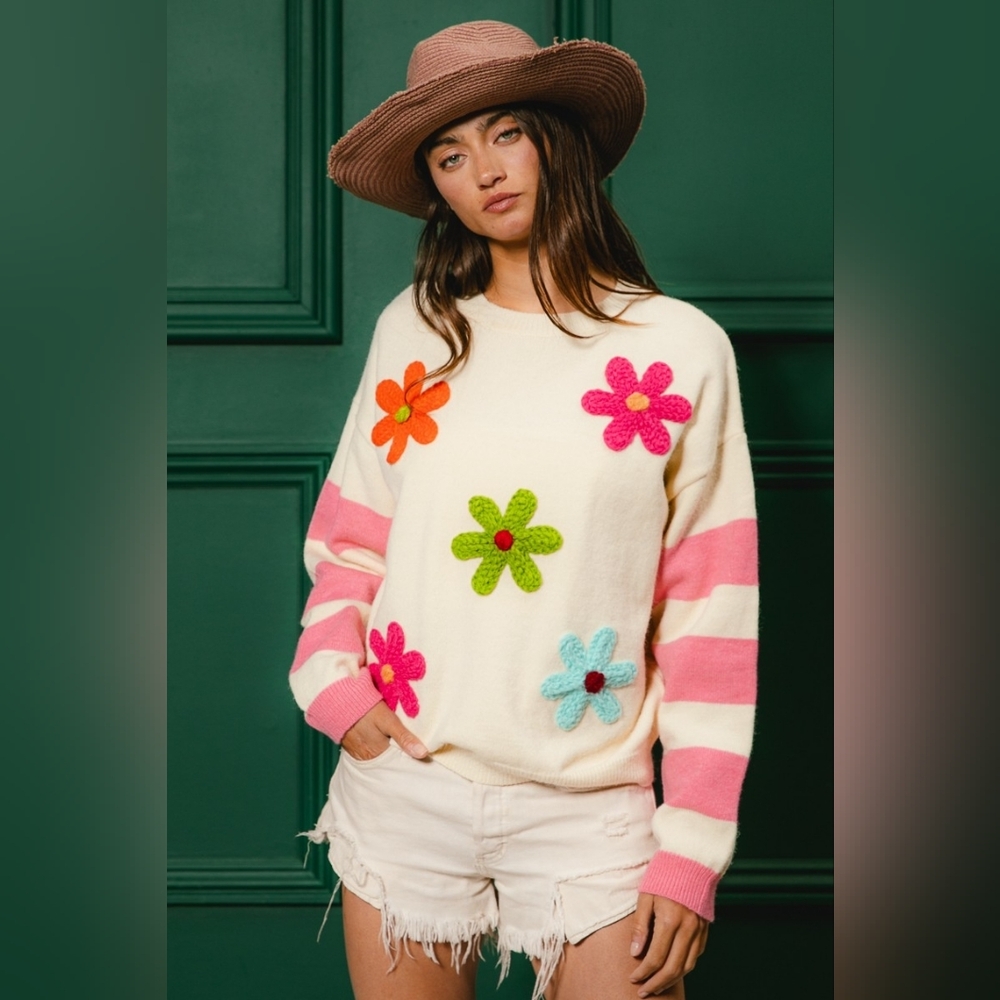 BiBi Colorful Floral Patched Sweater with Striped Sleeve - Picture 3 of 15